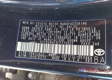 2015 Toyota Corolla S Premium from USA, damaged, VIN 5YFBURHE3FP315052